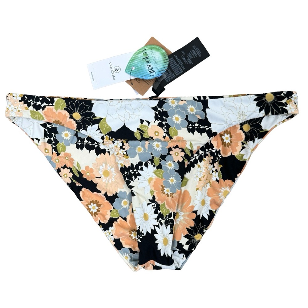 NWT Volcom Gold Dust Hipster Black Floral Full Coverage Bikini Swim Bottom XL